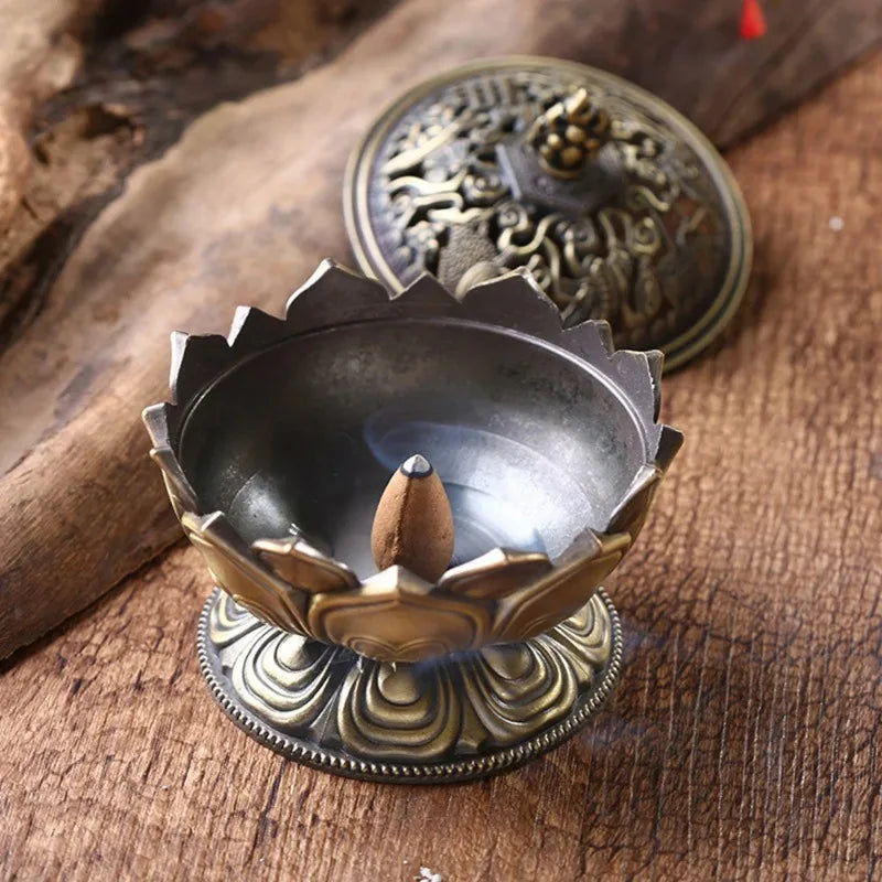 Vintage Copper Lotus Incense Burner Eight Treasures Zinc Alloy Aromatherapy Burner Sandalwood Incense Stove Oasis Select