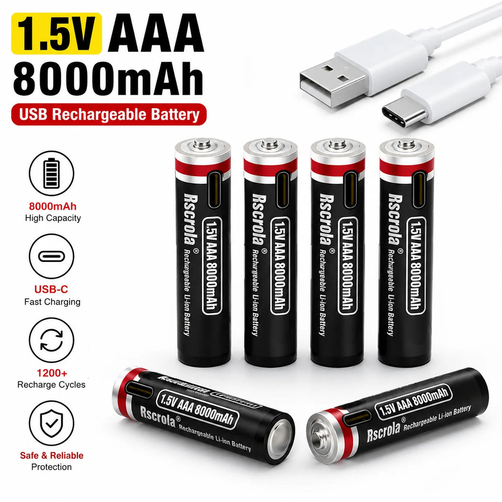 1.5V AAA Rechargeable Li-ion Battery 8000mAh Type-C USB Fast Charging for Toys Shaver Smart Home Devices Oasis Select