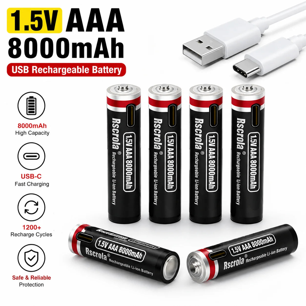 1.5V AAA Rechargeable Li-ion Battery 8000mAh Type-C USB Fast Charging for Toys Shaver Smart Home Devices Oasis Select