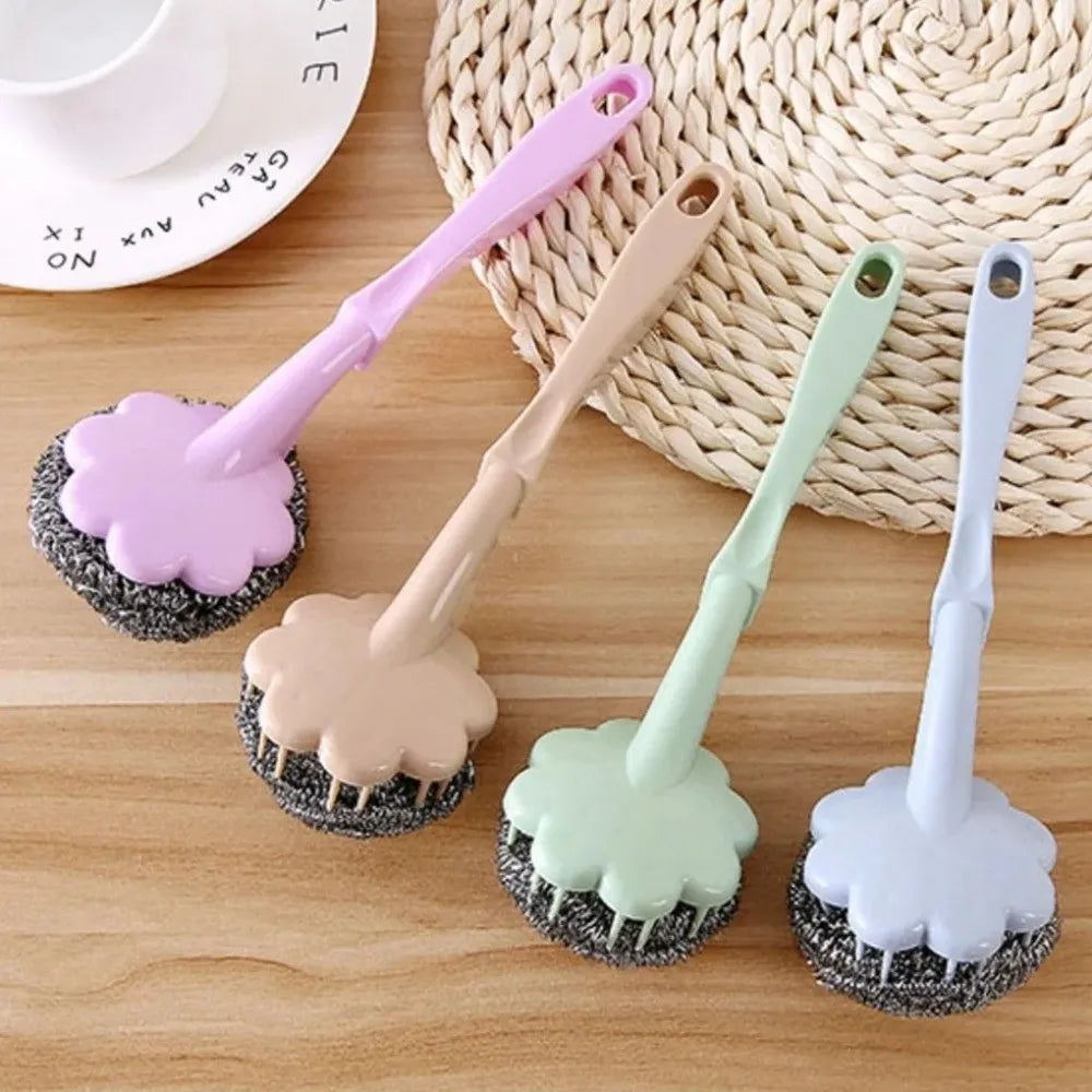 New Long Handle Cleaning Ball Oil Removal Non-stick Oil Steel Wire Ball Brush Multi-function Pot Washing Brush Kitchen Accessory Oasis Select