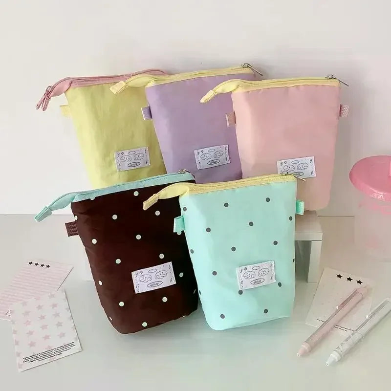 1Pcs Cute Polka Dot Solid Color Stationery Pencil Case Student Two Way Desktop Pen Holder Portable Organizer Bag ﻿ Oasis Select