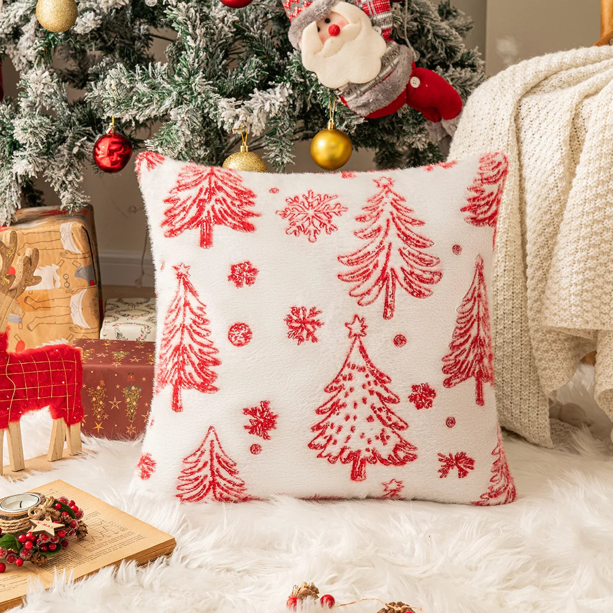Christmas Tree Knitted Plush Pillowcase | Festive Cushion Cover