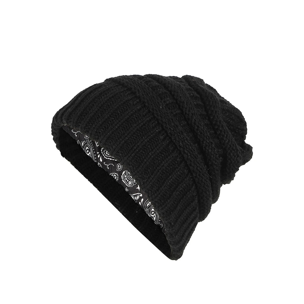 Winter brimless hat with satin lining, twisted flower knit thick skull warm hat, cashew print lining Oasis Select black