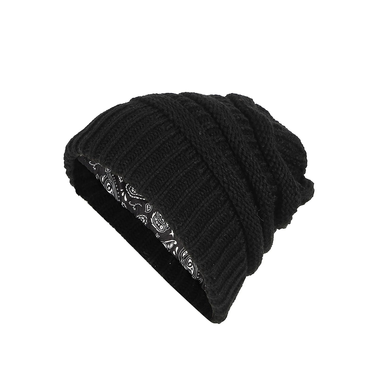Winter brimless hat with satin lining, twisted flower knit thick skull warm hat, cashew print lining Oasis Select black