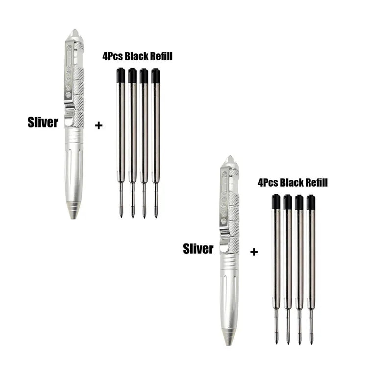 1/2pcs High Quality Metal Military Tactical Pen School Student Ballpoint Pens Emergency Glass Breaker Self Defense Supplies Oasis Select 2pcs silver plus ref