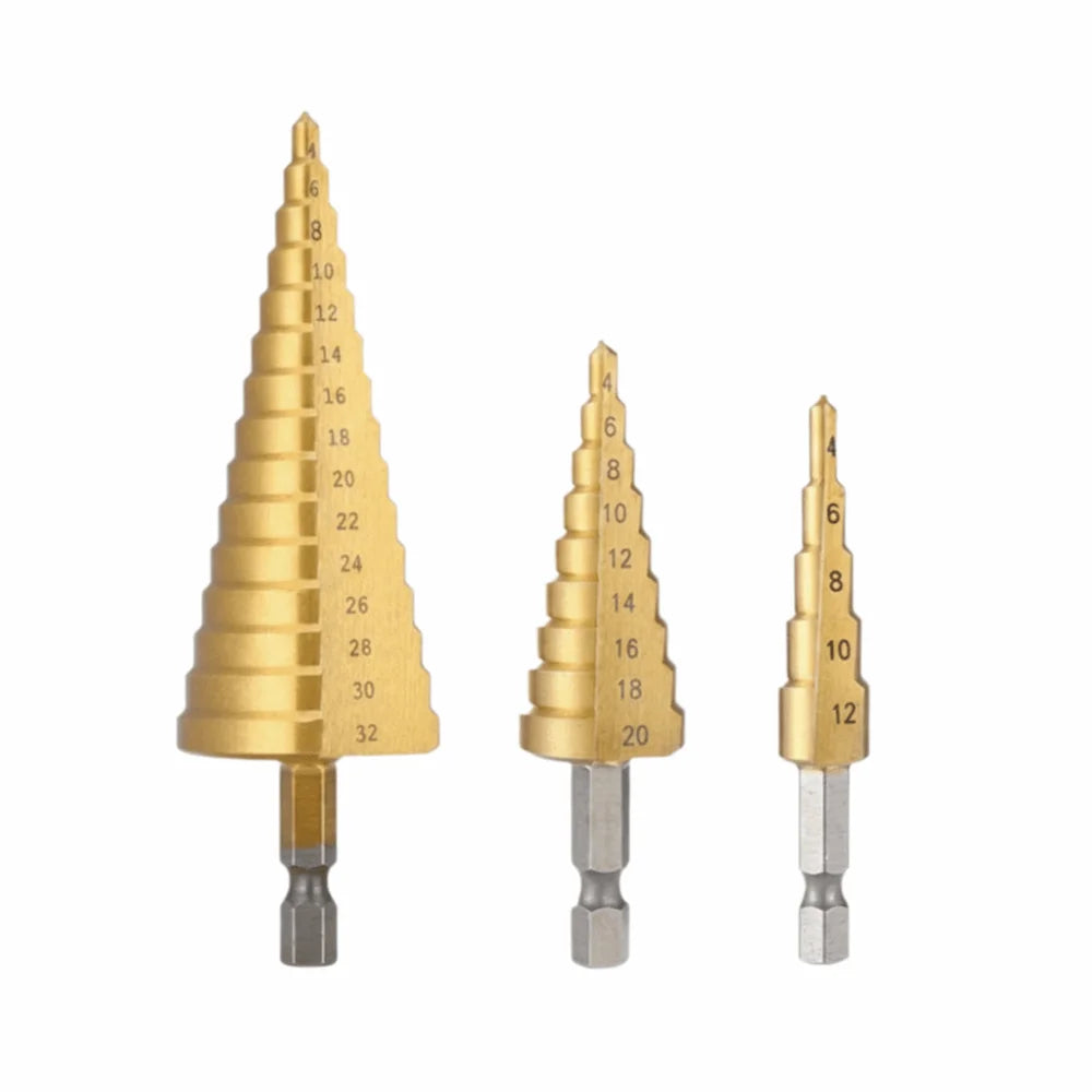 3-Piece HSS Titanium Step Drill Bit Set – Multiple Hole Sizes