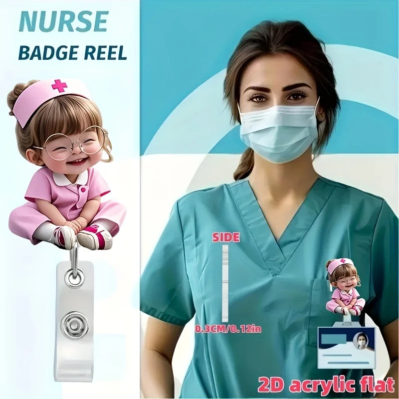 2D Flat， Cute Nurse ID Badge Holder with Glasses Pattern & Retractable Drawstring Oasis Select
