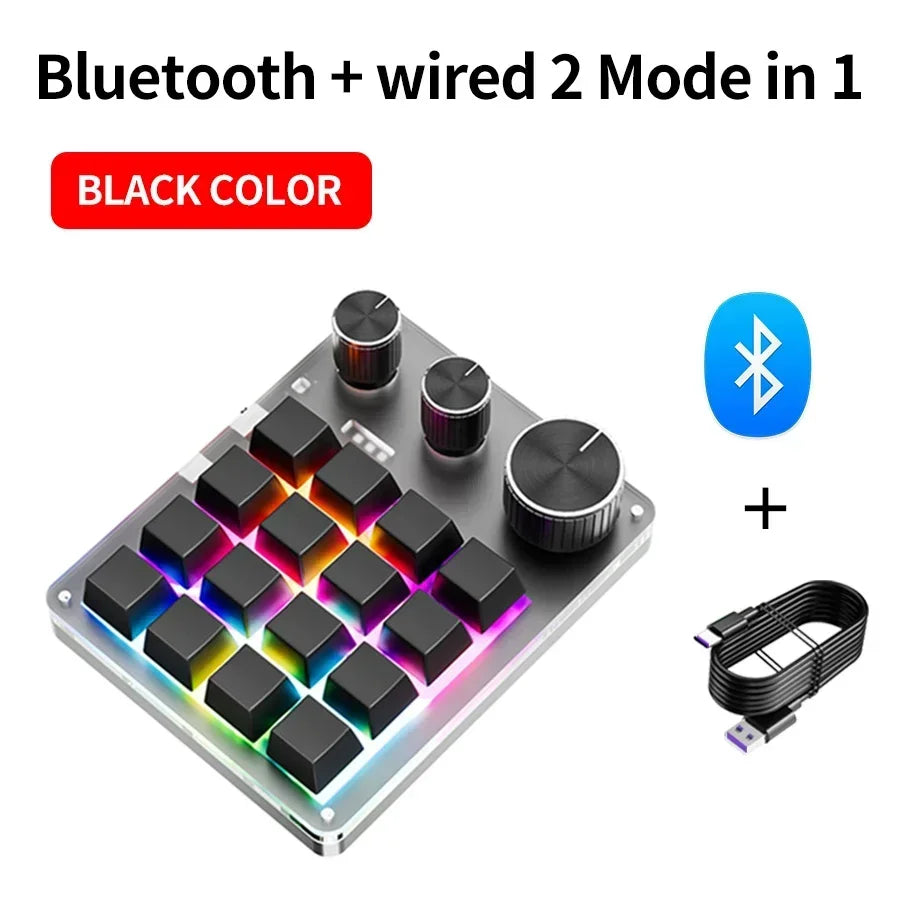 16 Keys 3 Mode Macro Mechanical Keyboard USB RGB Gaming Custom Programming Knob Portable Custom 6Keys 3Knob Switch For Photoshop Oasis Select Black BT NO 2.4G