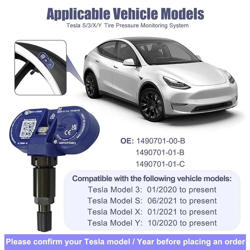 For Tesla Model 3 S X Y 1/4PCS Tire Pressure Monitoring Sensor 1490701-01-C Compatible with 1490701-01-B 149070101A 149070101C Oasis Select