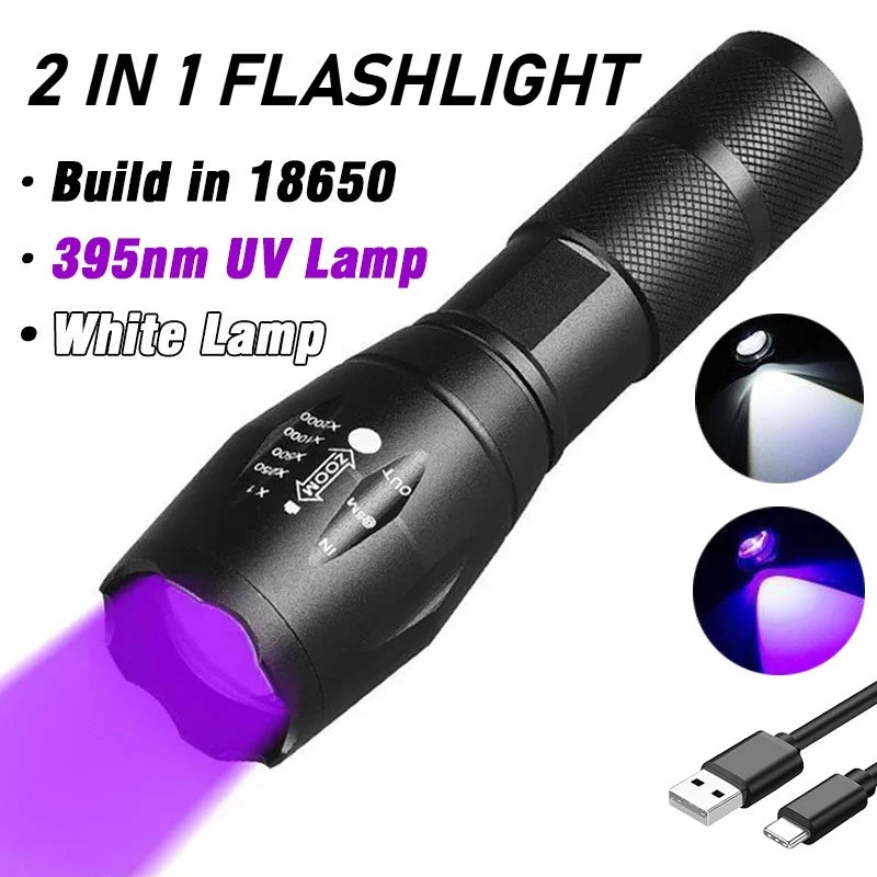 UV Light High Power Led Flashlight USB Rechargeable Camping Lantern Pets Urine Stains Black Light Led Ultraviolet Torch Lamp Oasis Select 2 in 1 Flashlight ZOOM