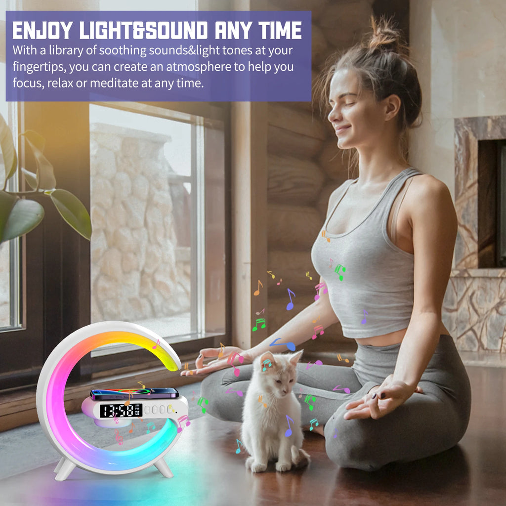 Small RGB Wireless Charger Smart Wireless Bluetooth Speakers Sunrise Alarm Clock & Wake Up Light 15W Fast Charging Dock Station Oasis Select