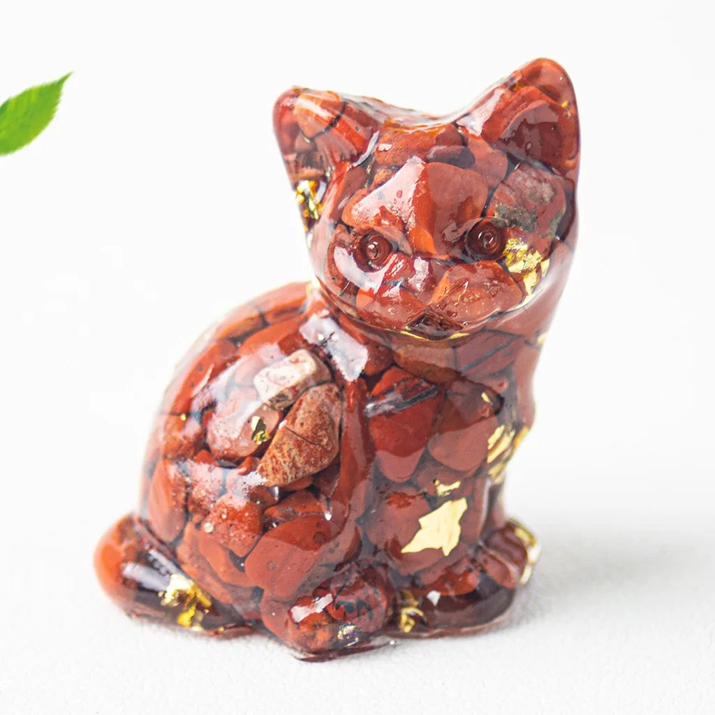 Natural Crystal Gravel Resin Sitting Turning Face Cat Figurine With Gold Foil Cute Desktop Decor For Home Office Oasis Select Red Brown
