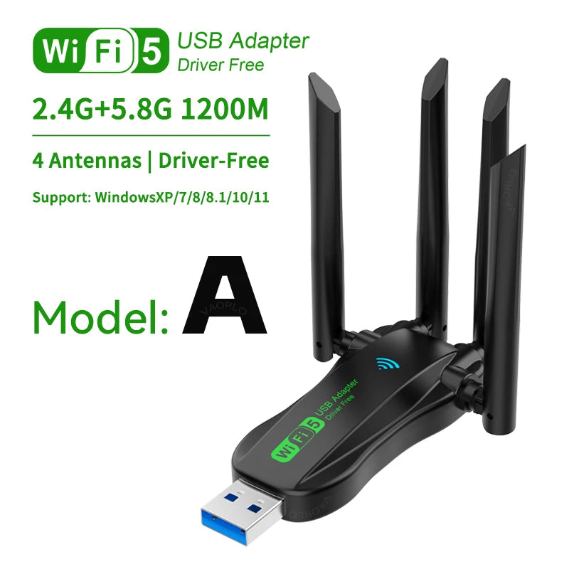 Dual Band 1200Mbps WiFi USB Adapter 2.4G/5.8Ghz Wi-Fi5 Dongle 4 Antenna USB3.0 Wireless Receiver For PC/Laptop No CD Driver Free Oasis Select Model A