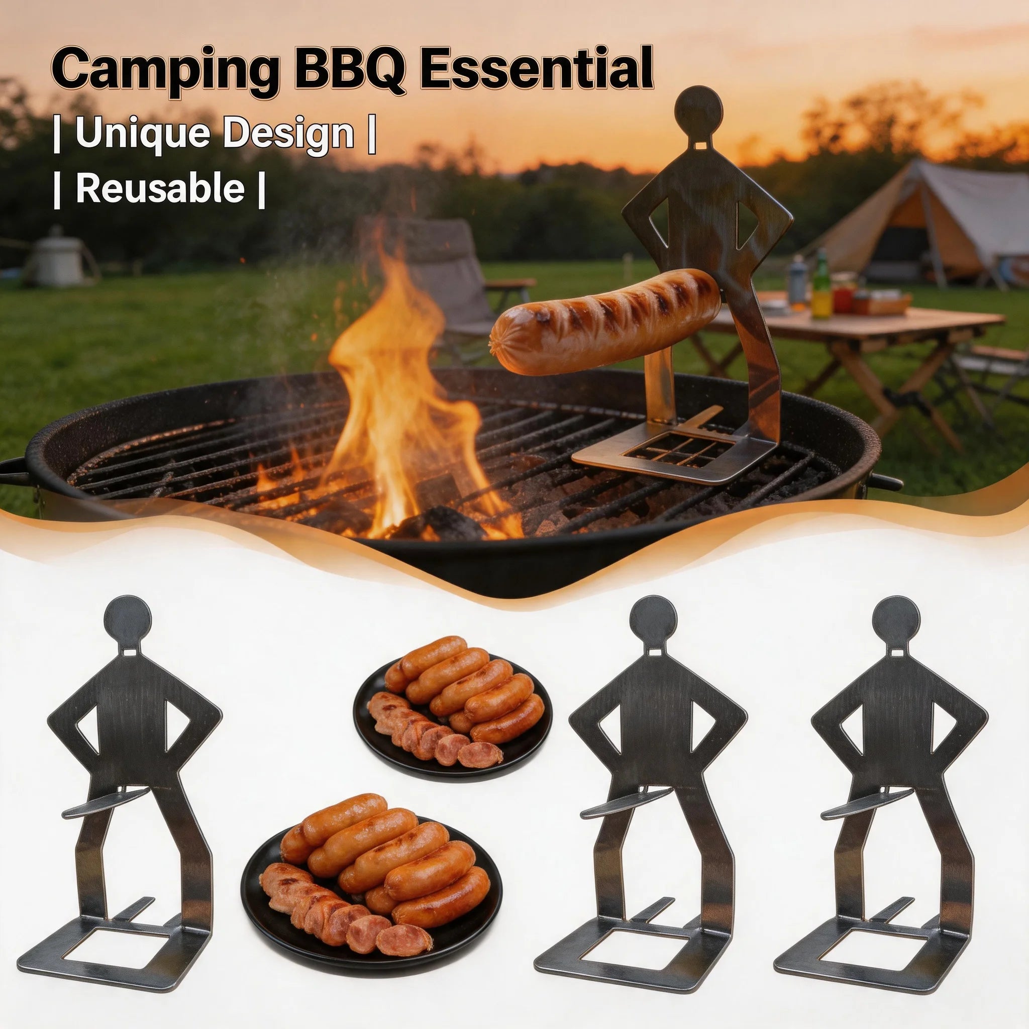 1-4pcs Reusable Stainless Steel Hot Dog Holders Funny Standing Man Sausage Grill Rack for Barbecue Camping Spring Trip BBQ Oasis Select