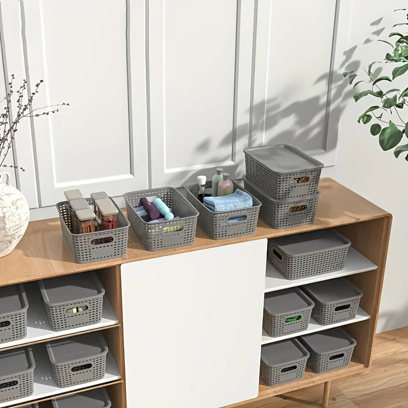 Modern Plastic Storage Baskets with Lid Stacking, Multi-Purpose for Office Desk Bedroom Classroom Organization Container Oasis Select