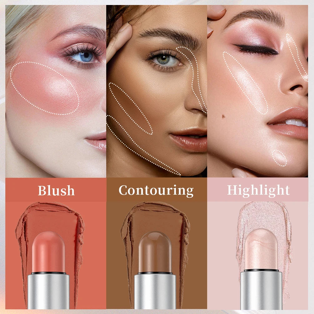QIBEST 3-in-1 Highlight Blush & Contour Stick | All Skin Tones