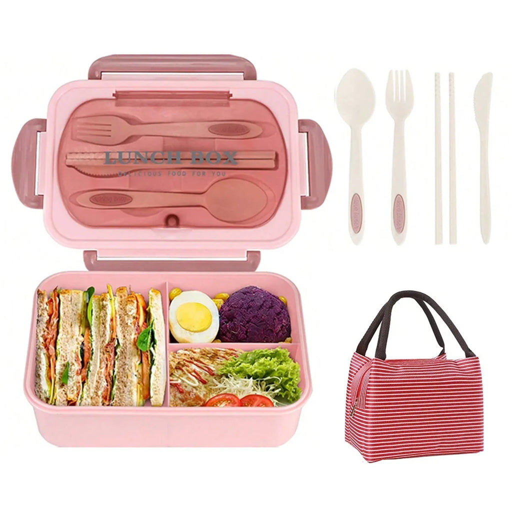 3-Compartment Bento Lunch Box Food Grade PP Microwave Safe Leakproof Reusable with Cutlery Thermal Bag for Office Students Oasis Select Pink-set 3