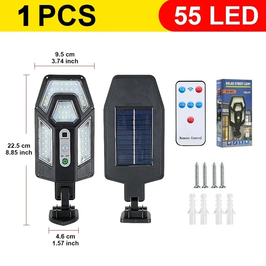 1/2PC 55LED Solar Wall Light 3 Lighting Mode Smart Sensor Strong Light Waterproof Floodlight Lamp Garden Street Sunlight Lantern Oasis Select 55led
