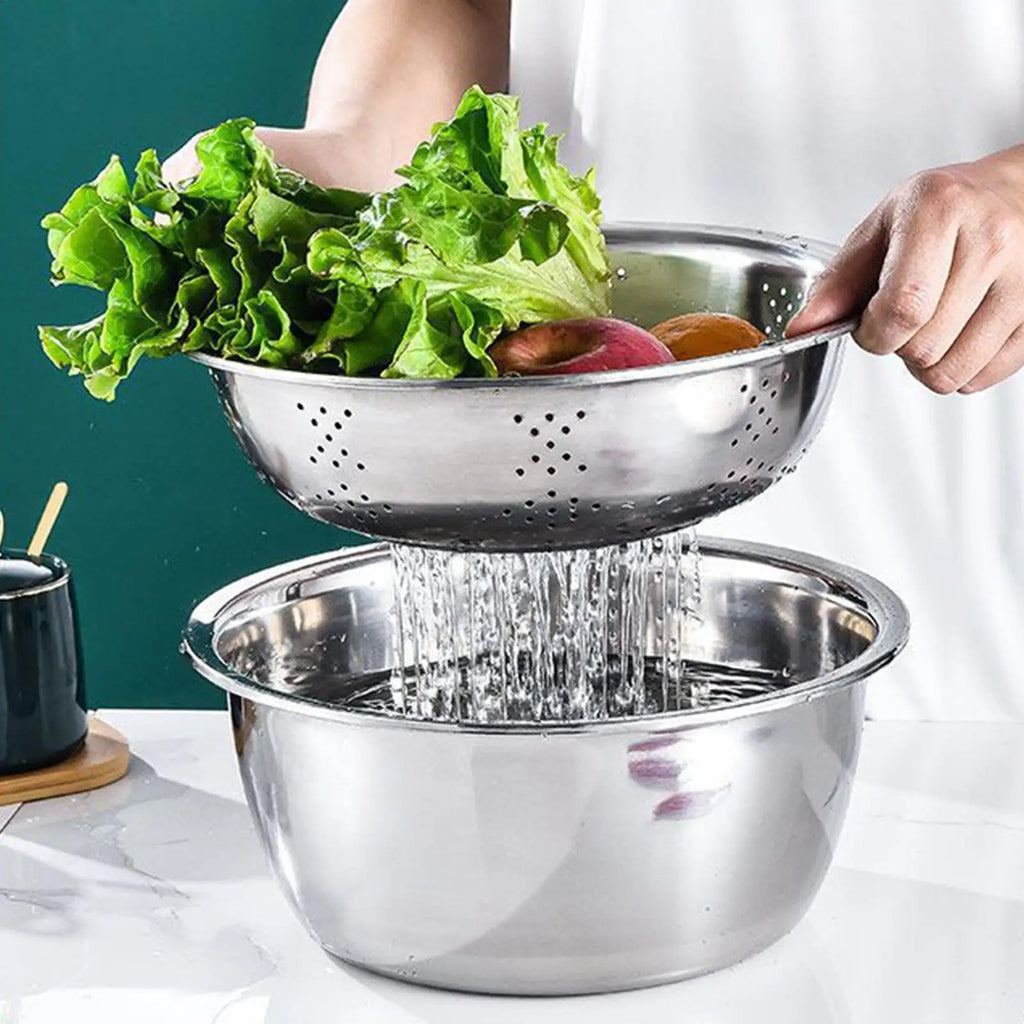 Mixing Bowls Set Vegetable Stainless Steel Slicer Vegetable Washing Basin Drain Basket Multifunctional Mixing Bowls Kitchen tool Oasis Select