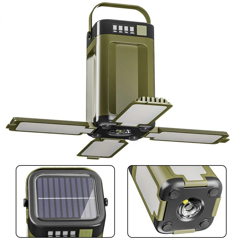 Solar LED Lantern Rechargeable Emergency Flashlight Portable Power Bank Foldable 6 Modes Tent Light for Outdoor Camping Fishing Oasis Select 4-leaf solar light-B