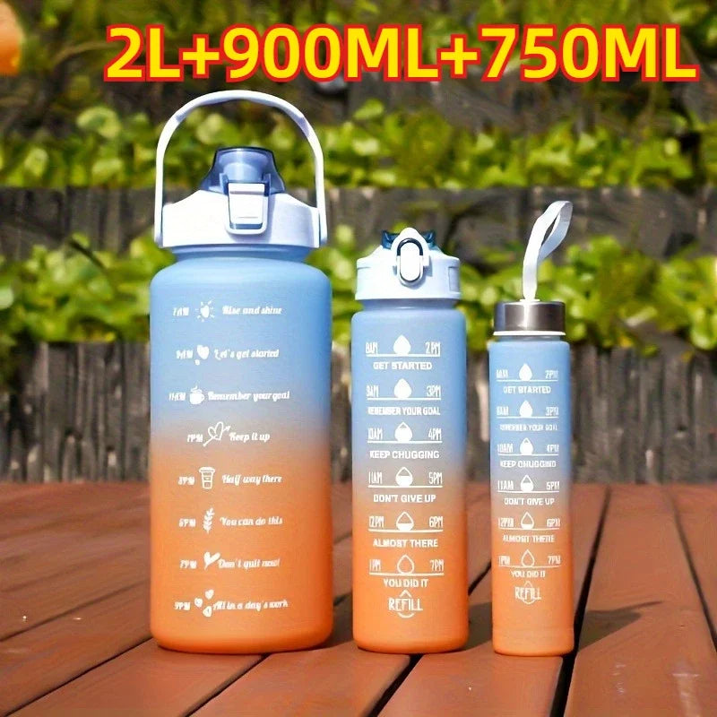 1-3PCS Sports Water Bottle for Running Drinking Bottle 2L Motivational with Time Marker Stickers Portable Reusable Plastic Cups Oasis Select 3pcs-blue orange Select style