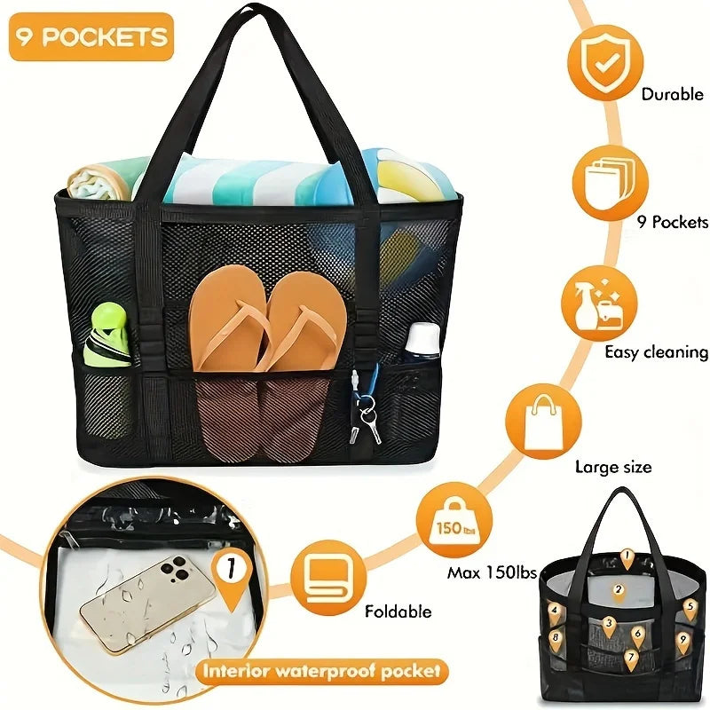 Mesh Beach Bag, Single Shoulder Handheld Mesh Shower Fitness Swimming Bath Bag Grid Beach Tote Bag, Large Capacity Storage Bag Oasis Select