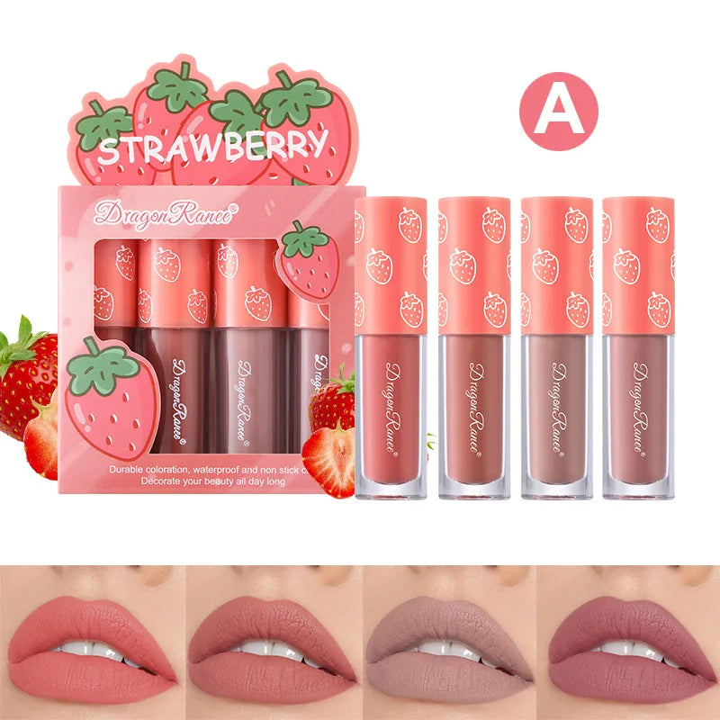 Dragon Ranee 4-Piece Velvet Matte Lip Gloss Set – Fruit Scented