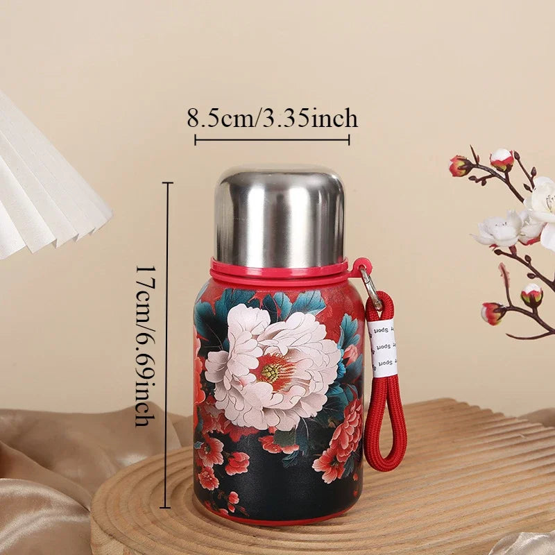 Retro Chinese Rose Printed Stainless Steel Insulated Cup Large Capacity Portable Car Insulated Water Cup Oasis Select green 501-600ml