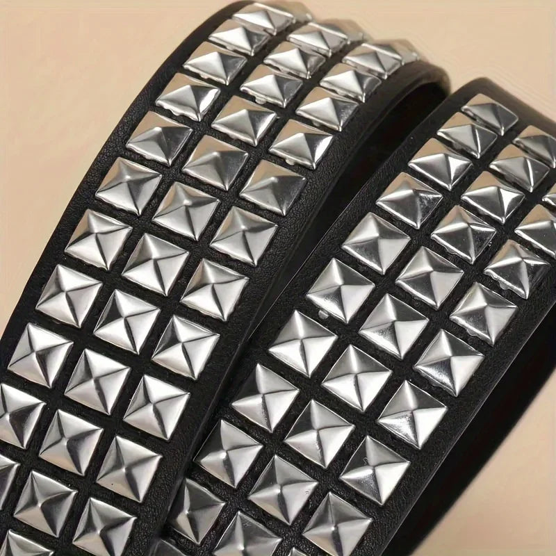 Punk Style Rivet Belt Set Equipped with Stainless Steel Square Buckle PU Panel Material Male and Female Pyramid Rivet Decorat Oasis Select