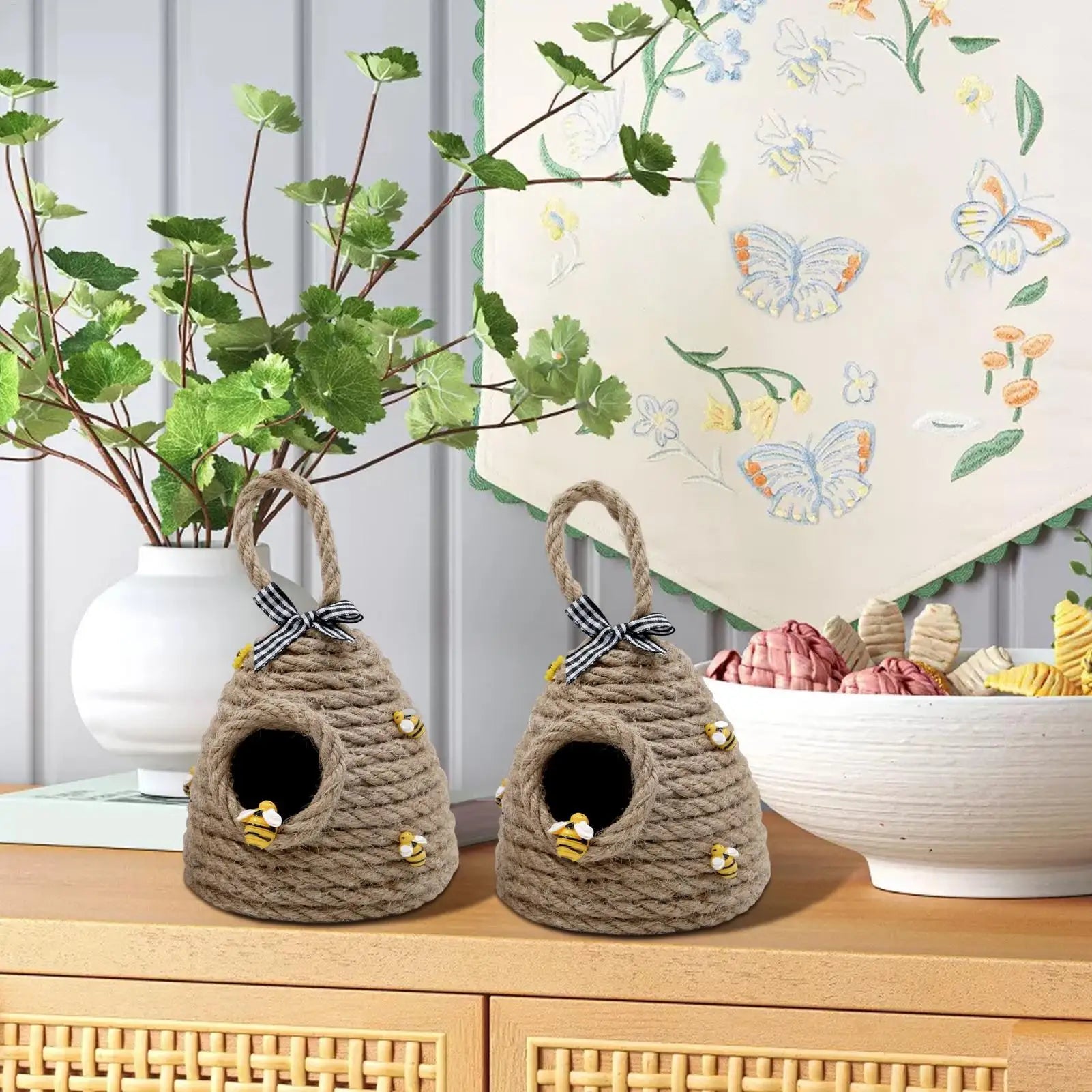 Handmade Beehive Pendant Bee Hive Pendant Hand Woven Rustic Honey Bee Figurine Tiered Tray Decorations for Kitchen Porch Home Oasis Select