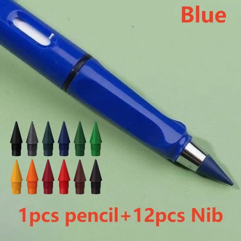 1/2set Kawaii 12 Colors Eternal Pencil No Ink Unlimited Pencils School Kids Art Painting Color Sketch Writing Stationery Oasis Select 1set blue