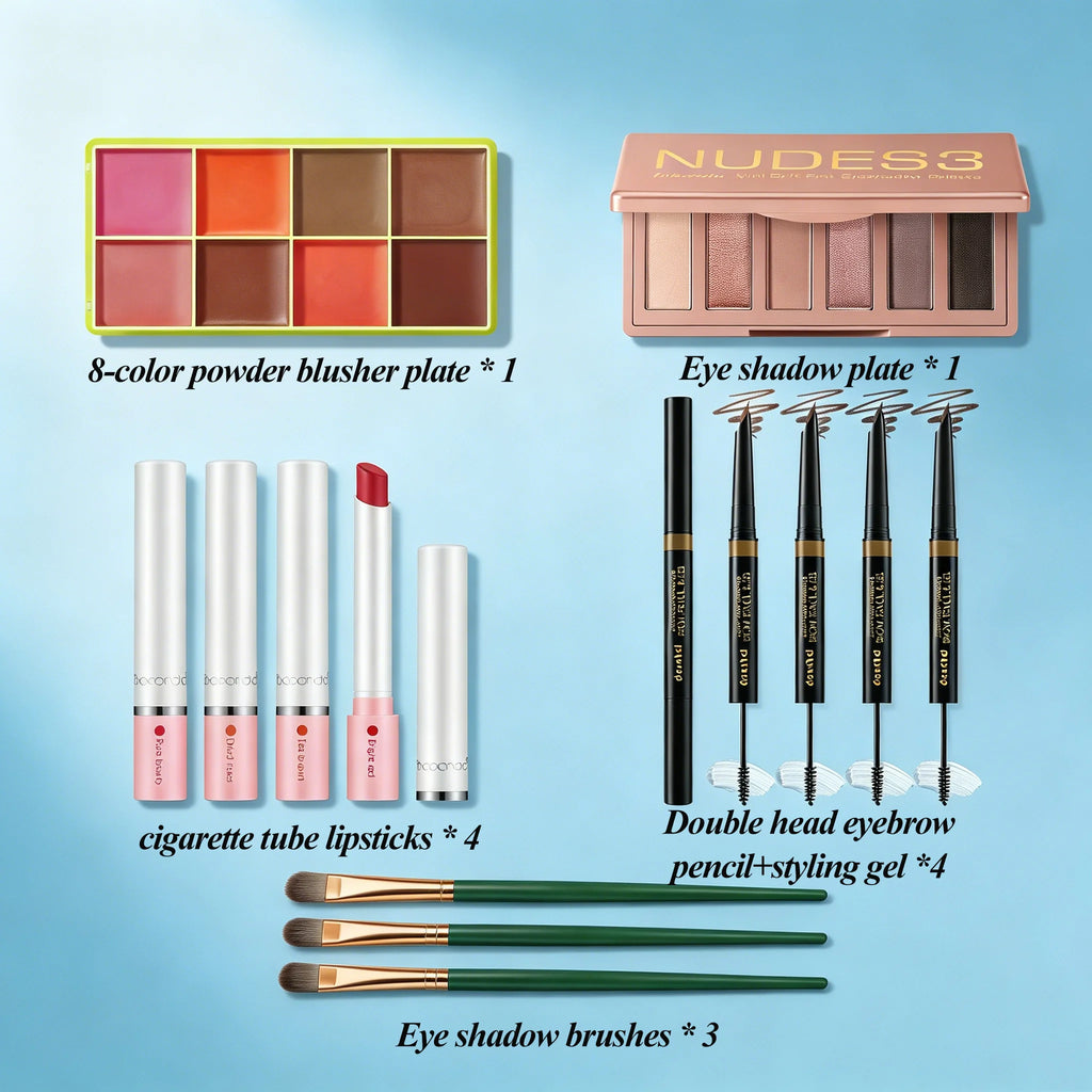 Makeup Fundamentals Set Blush Palette，Eyeshadow Palette, Lipstick, Eyebrow Pencil, Eyeshadow Brush Beauty Cosmetic for Daily Use Oasis Select MAKEUP SET
