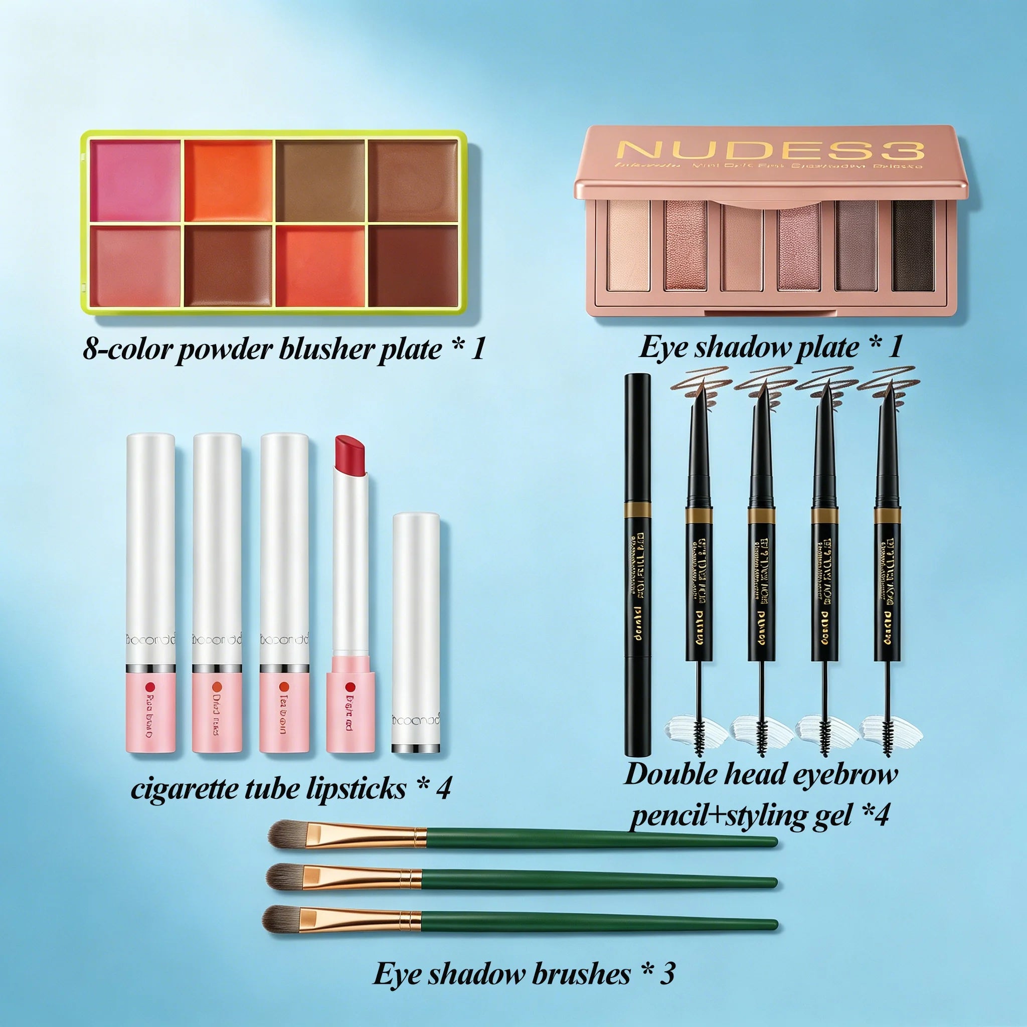 Makeup Fundamentals Set Blush Palette，Eyeshadow Palette, Lipstick, Eyebrow Pencil, Eyeshadow Brush Beauty Cosmetic for Daily Use Oasis Select MAKEUP SET