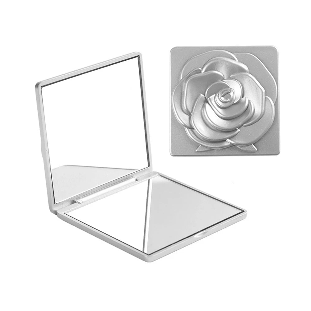 7cm Square Rose Mirror with Storage Bag Lady Portable Handheld Folding Mirror Dressing Table Makeup Accessories Oasis Select Rose Silver