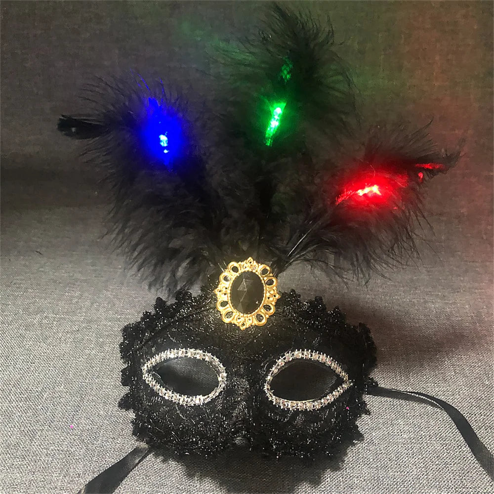 Women LED Party Mask Masquerade Luxury Peacock Feathers Half Face Mask Cosplay Costume Venetian Mask Oasis Select Black