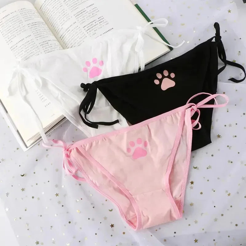 1/2/3/4pcs Women Sexy Sweet Cat Claw Briefs Low Waist Bowknot Bandage Lingerie Strings Strap Underwear Ladies Breathable Panties Oasis Select