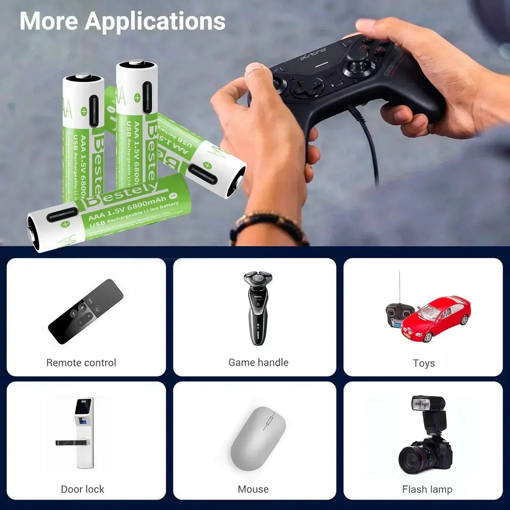 AAA Battery Rechargeable 2000+ Cycles 1.5V 6800mAh Li-ion Type-C Charging Triple Safety Long-Lasting Power Batteries Oasis Select