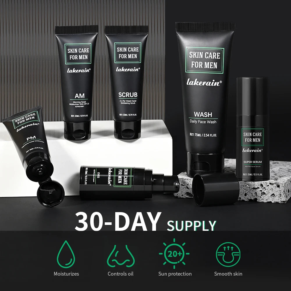 Lakerain Skin Care for Men Kit Oil Control Skin Firming Increase Hydrate Deep Cleaning Face 7 PCS Per Set Travel Skin Care Kit Oasis Select