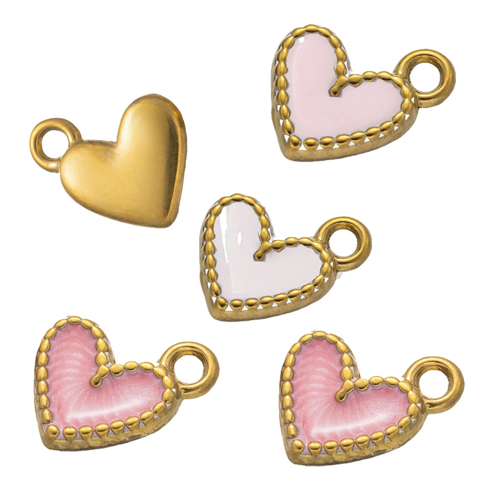 5pcs Gold Stainless Steel Pink Heart Enamel Charms Dangle Pendant for DIY Bracelet Necklace Earrings Supplies Jewelry Making Oasis Select