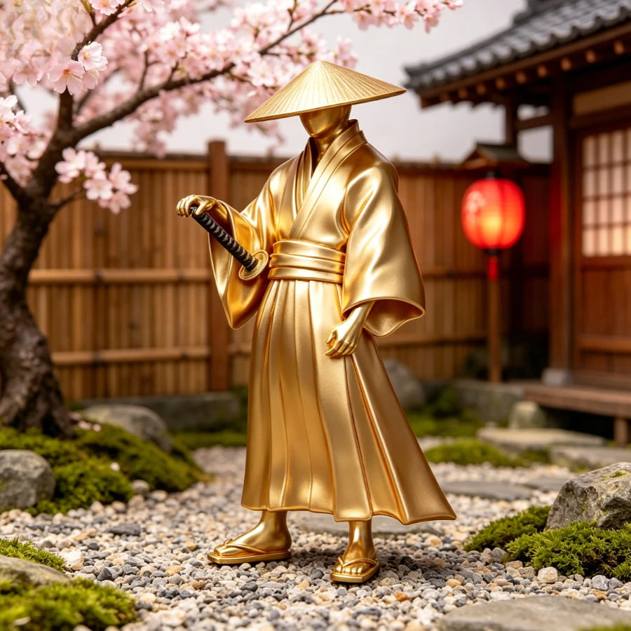 Wandering Ronin Statue Japanese Straw Hat Samurai Sculpture, Oriental Bushido Desktop Ornament for Study Room Home Decor Gift Oasis Select gold