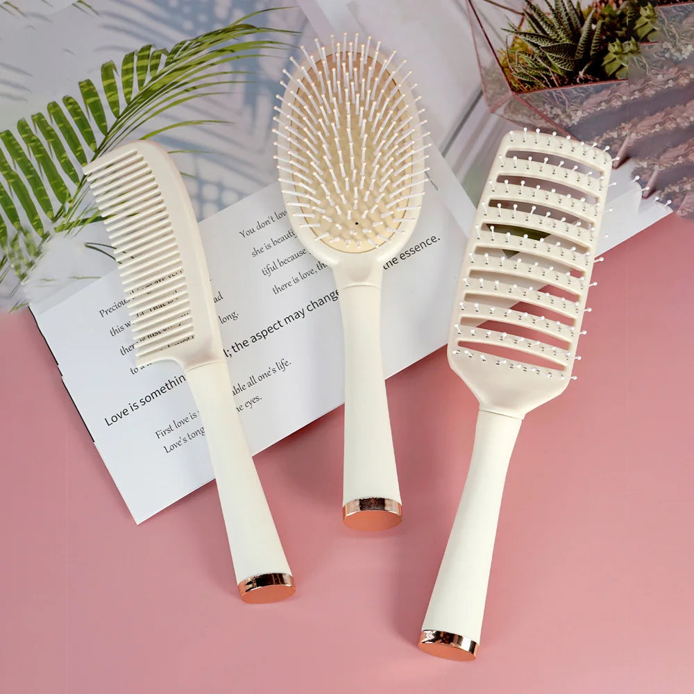 3-Piece Hair Comb Set: Cushion Massage Comb, Wide Tooth Comb & Hollow Comb - Milky White Oasis Select 9711-9737-9770
