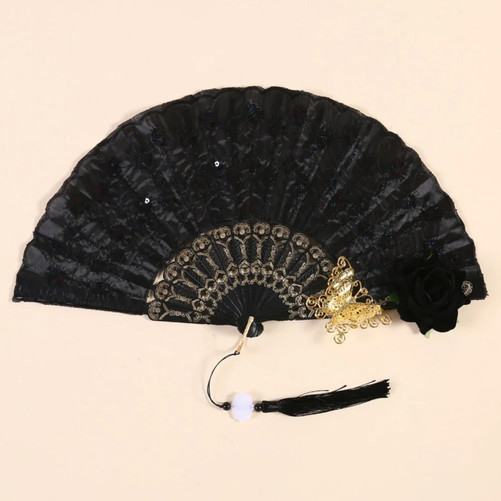 Sequin Embroidered Rose Lace Folding Fan with Tassel - Vintage European Handheld Fan for Cosplay Halloween Party Supplies Oasis Select Style 7