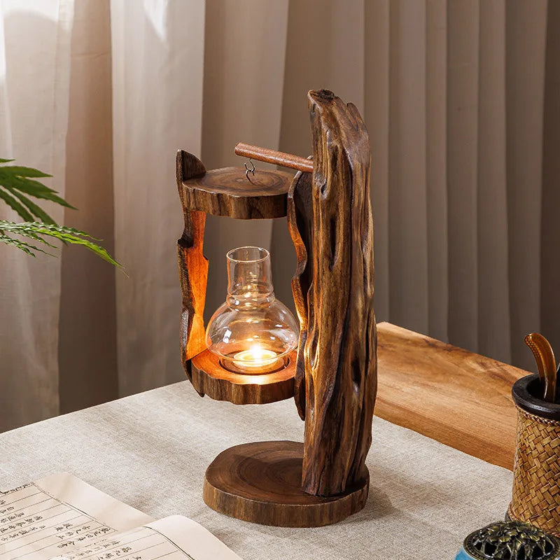 Log Wind Lamp Creative Candlestick Retro Southeast Asia Glass Cover Candlestick Outdoor Windproof Lantern Zen Decoration Oasis Select