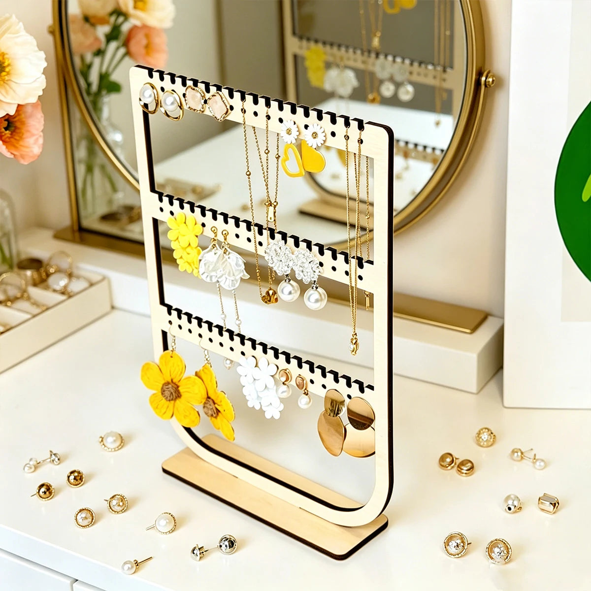 1pc wooden earrings necklace vertical desktop jewelry display storage rack detachable portable three-layer jewelry storage rack Oasis Select
