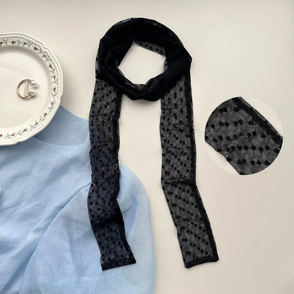 French Style Lace Long Scarf Dots Flower Elegent Hair Band Neckerchief Multi-functional Dressing Decoration Neck Strap Women Oasis Select 1-Black