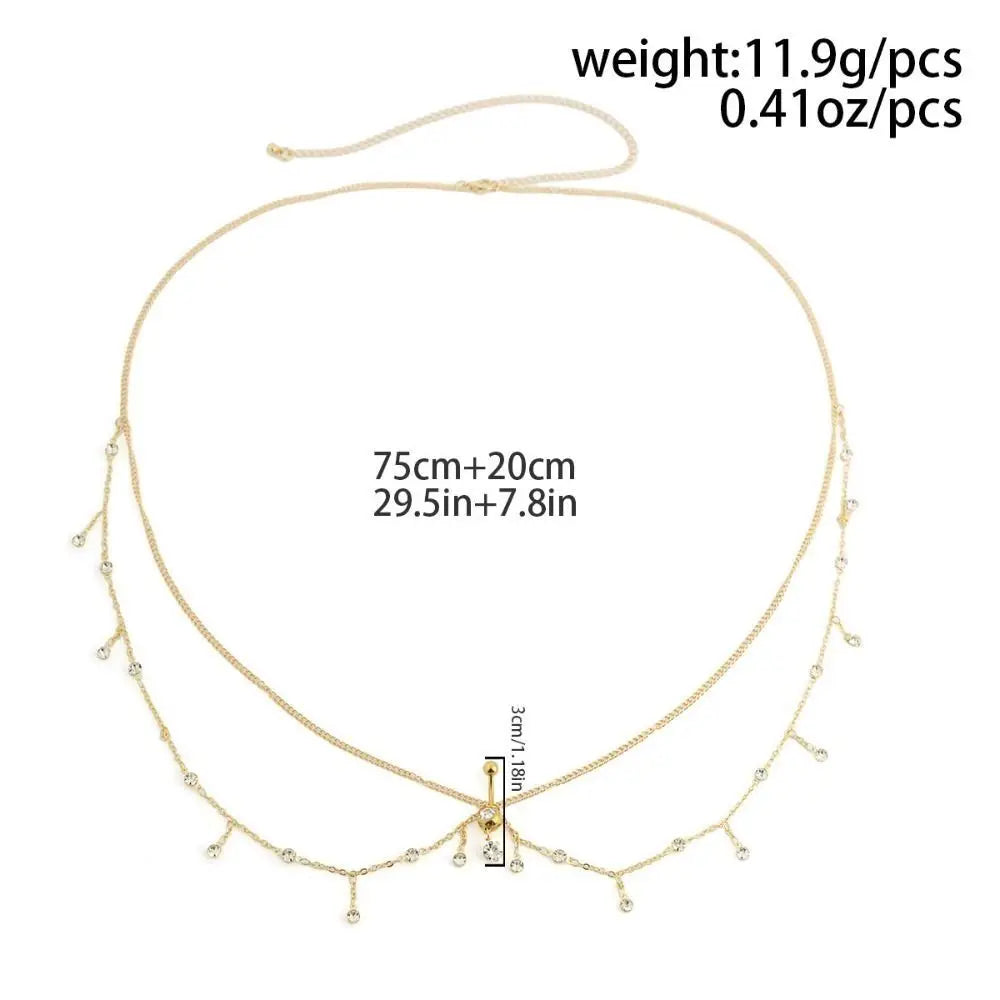 Water Drop Pendant Boho Waist Chain Double Layer Sparkling Zircon Belly Waist Chain Gold Silver Color Tassel Oasis Select