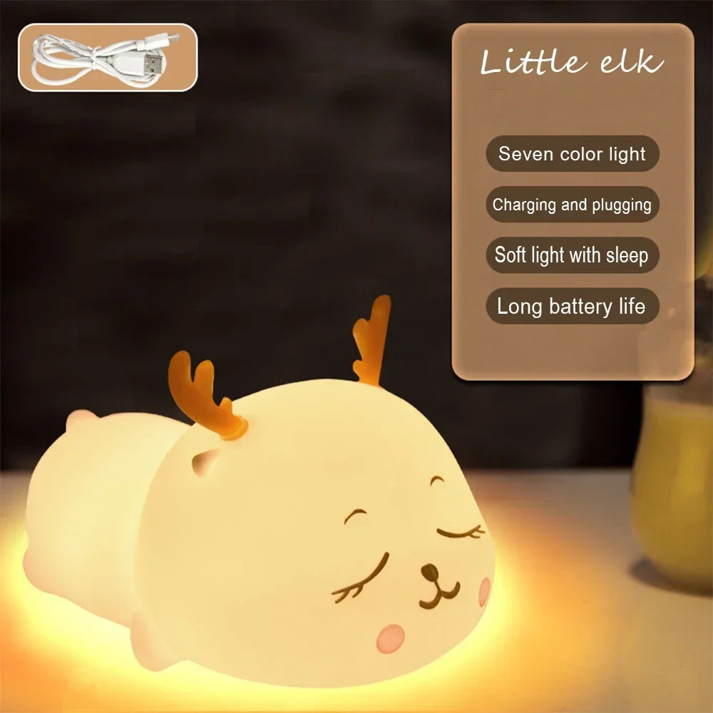 LED Night Light Cute Little Bear/Deer Cartoon Animal Children's Silicone Light USB Charging Bedside Decoration Birthday Gift Oasis Select X020-D