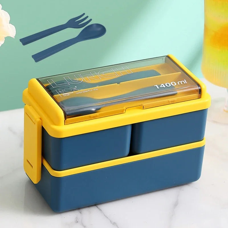 Single/double Layer Lunch Box Portable Leakproof Student Microwave Dinnerware Set with Fork Spoon Food Snack Storage Container Oasis Select Double-Blue