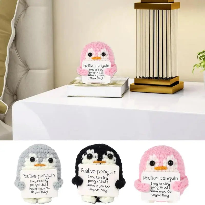 Knitted Emotional Support Penguin Crochet Doll with Positive Card Cute Crochet Doll Mini Penguin Toy Decor Home Accent Ornaments Oasis Select