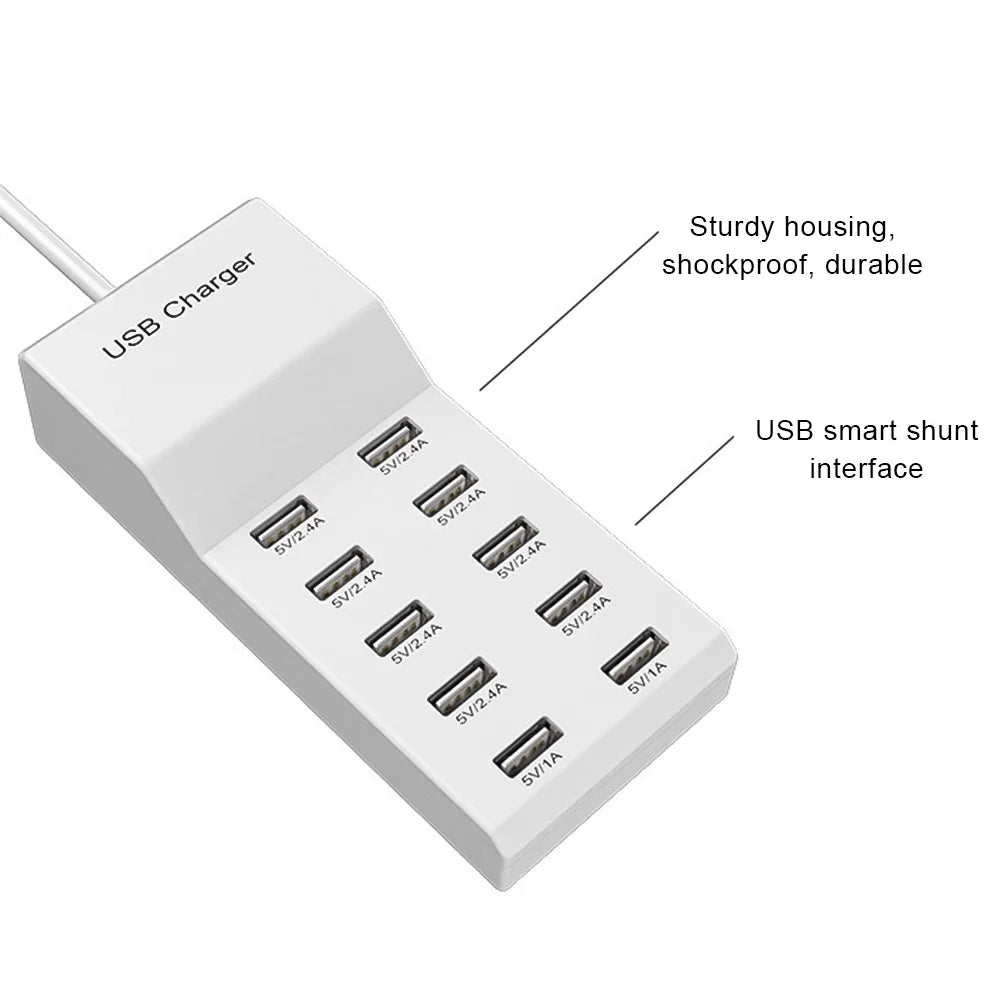 10-Port 50W USB Charging Station | Multi-Device Power Strip Hub